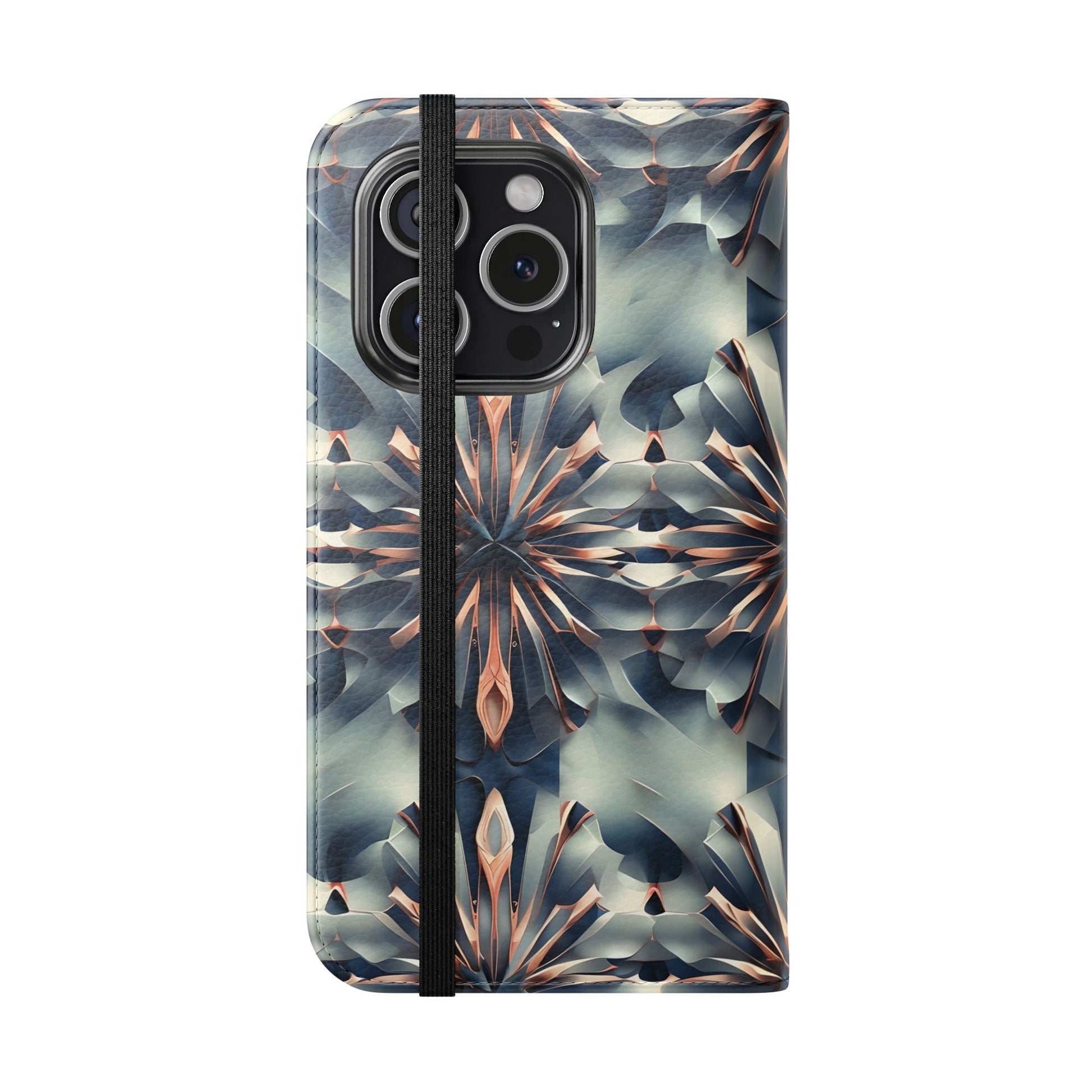 Obsidian Kaleidoscope iPhone 15 Pro Wallet Case - Elegant Abstract Flip Cover with Card Slots