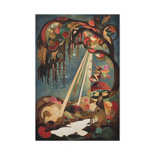 Enchanted Orchard wall art canvas featuring a whimsical tree with golden light beams and a fairy in a magical woodland scene