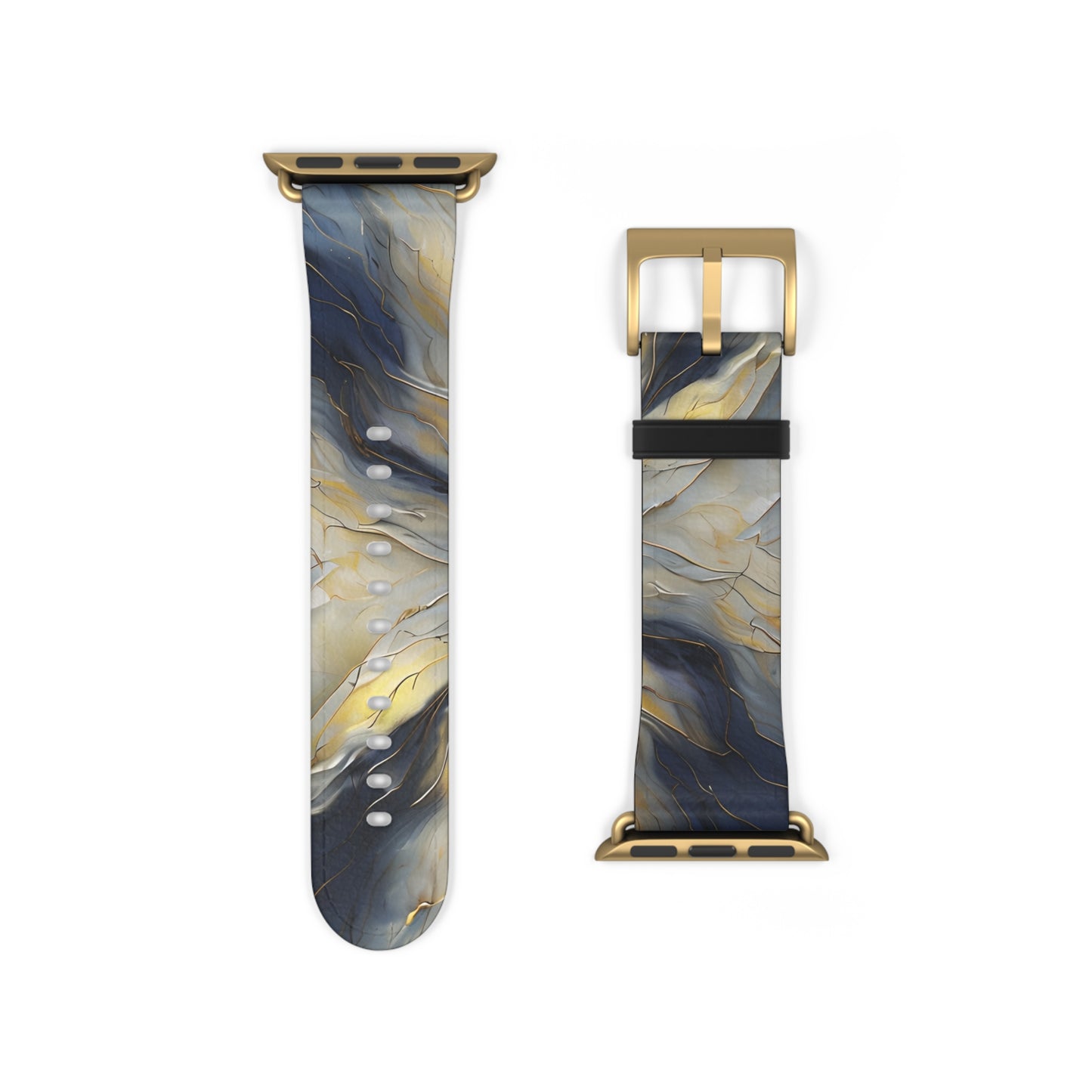 Luminous Petal Apple Watch band strap with gold clasp featuring luminous gold floral artwork on soft gray background