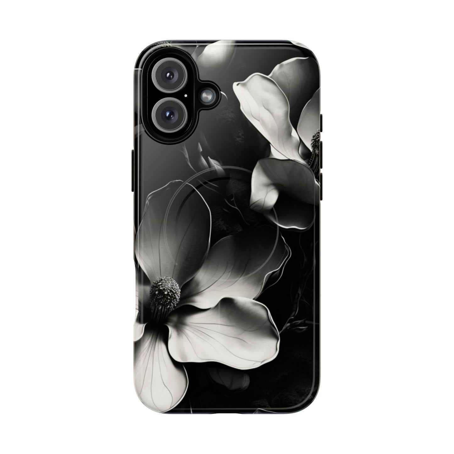 Monochrome Magnolia - Elegant Black & White Floral iPhone MagSafe Phone Case - Artistic Magnolia Design