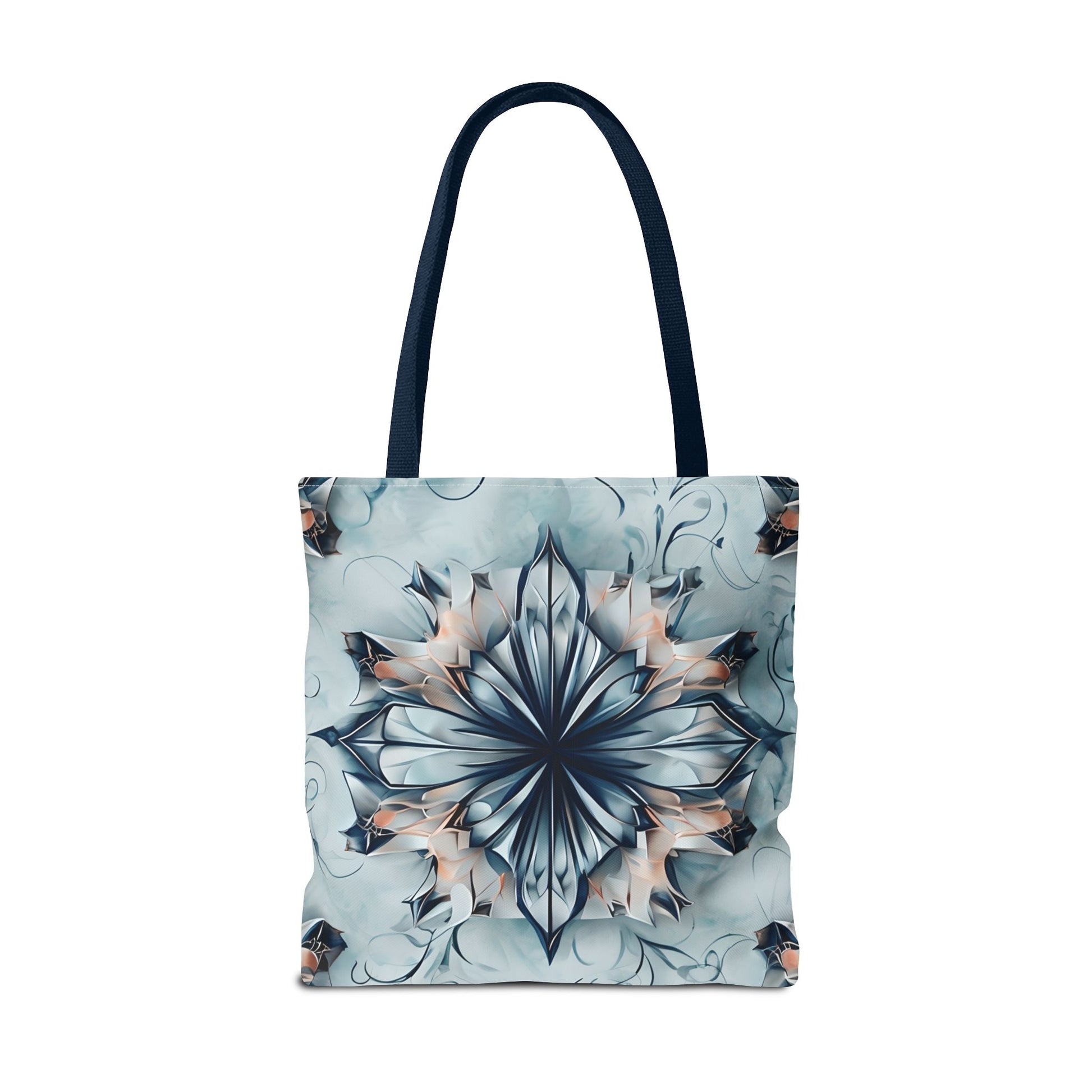 Indigo Mirage Tote Bag (16x16 & 18x18)- Dreamy Blue Kaleidoscope Design in Reusable Poly Canvas, Artistic Eco-Friendly Shopping Bag