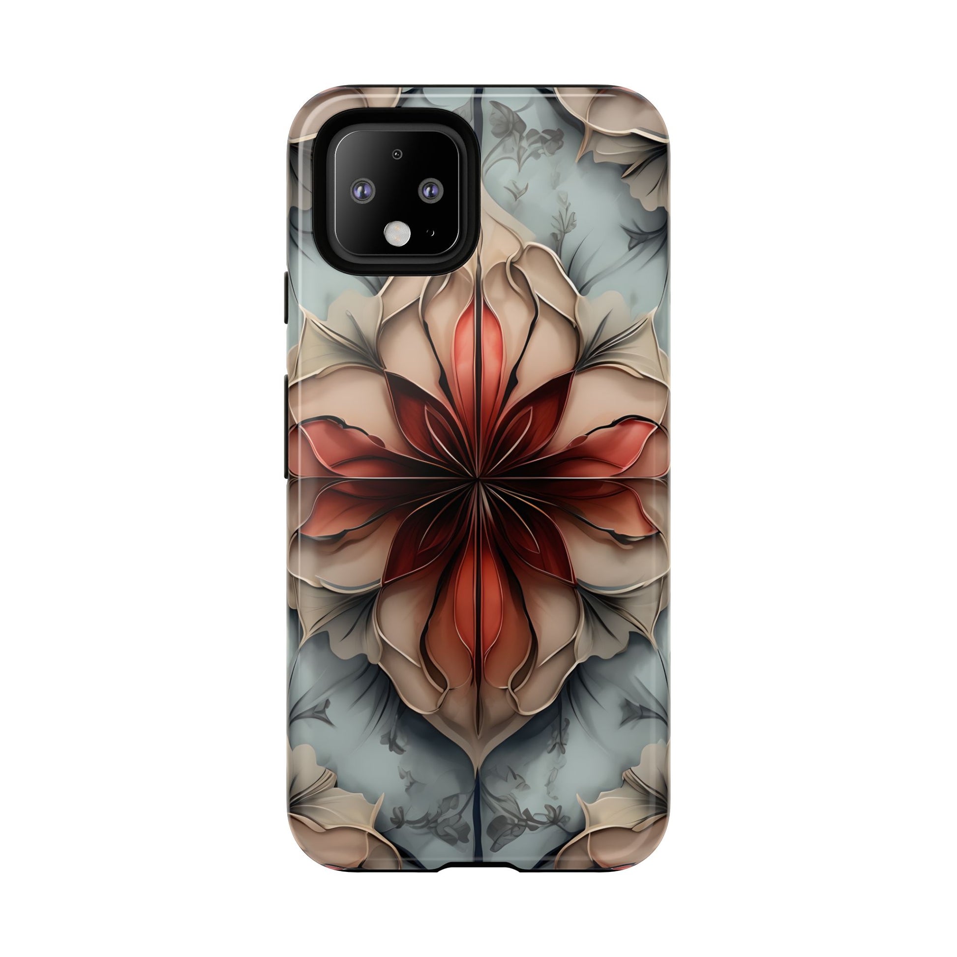 Ember Bloom - Kaleidoscope Collection Artistic Floral - Google Pixel 4 Tough Phone Case - Fiery Symmetrical Design