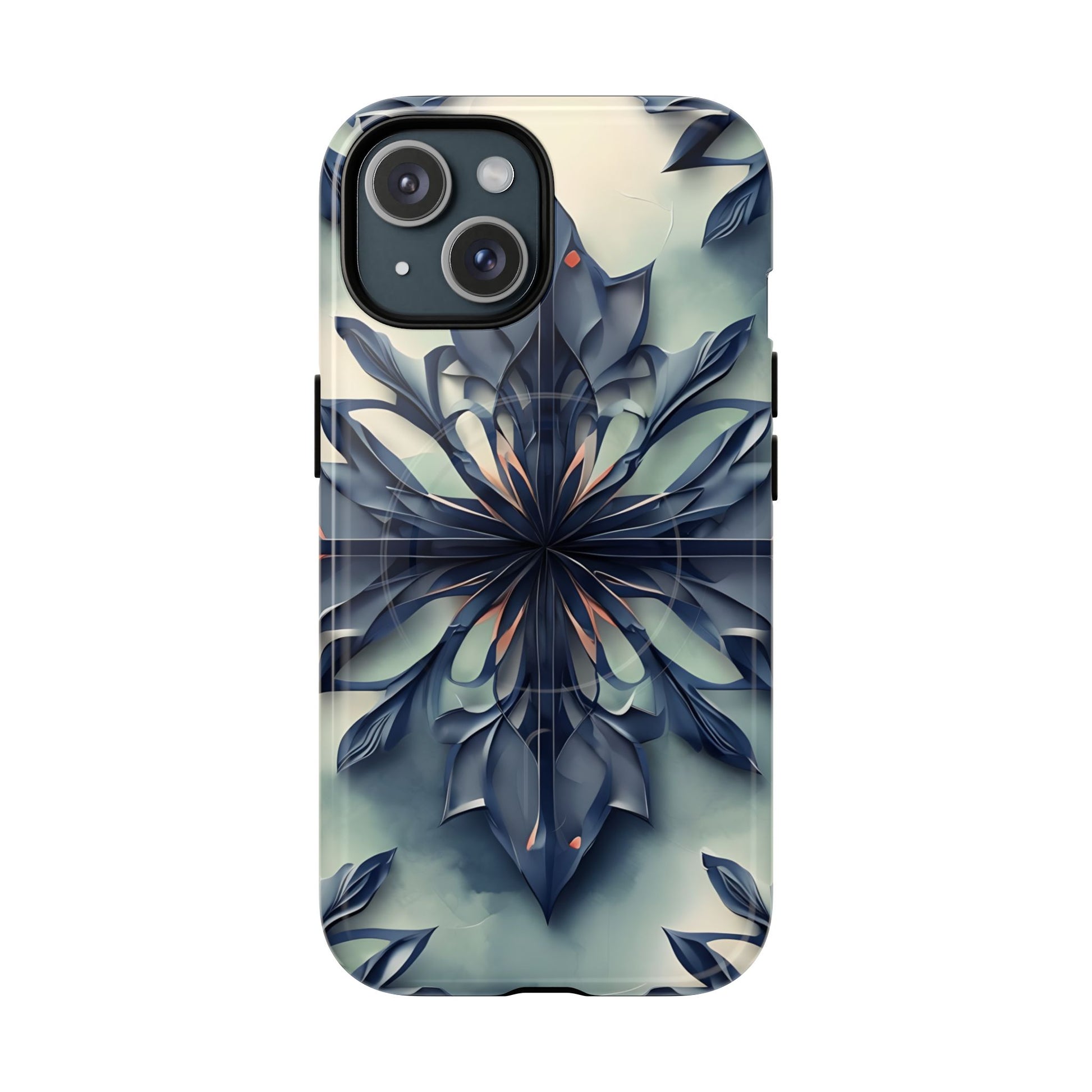 Frosted Indigo Bloom - Artistic Kaleidoscope Collection Artistic Floral - iPhone 15 MagSafe Phone Case -Blue Symmetrical Design