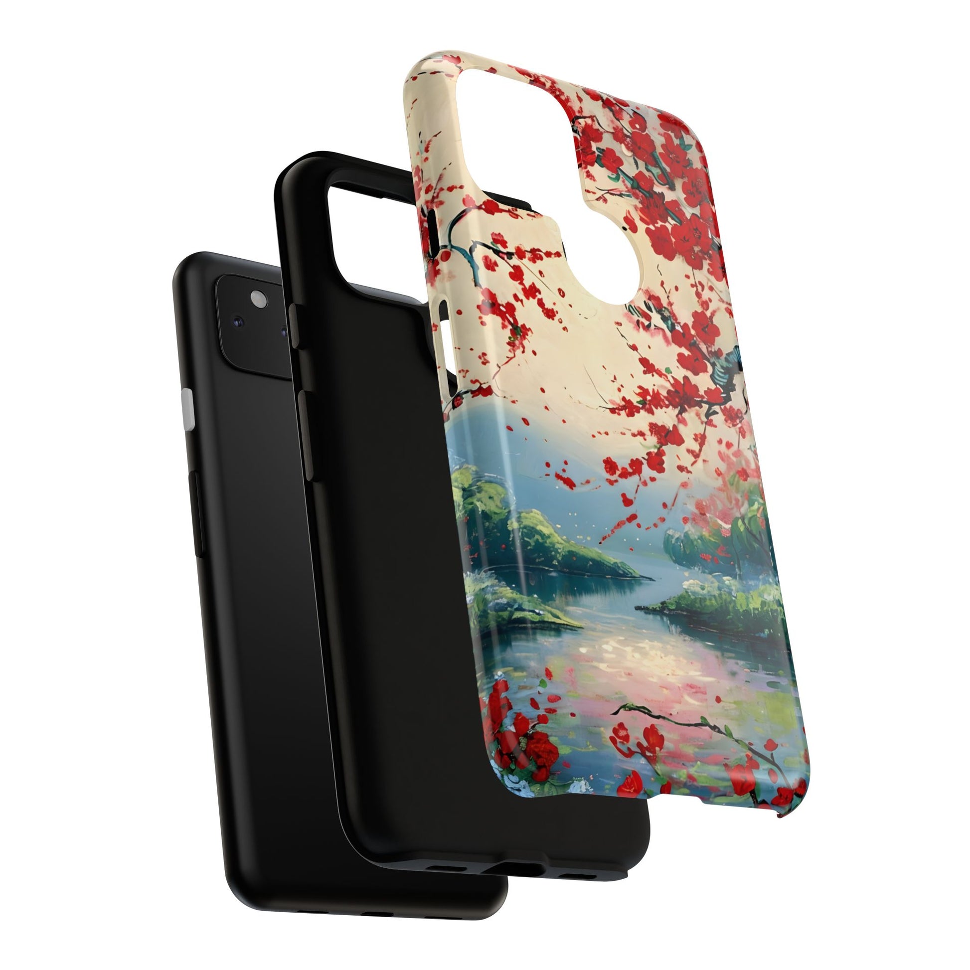 Crimson Blossom Lake - Artistic Floral Landscape Google Pixel 4a 5G Tough Phone Case - Red Cherry Blossoms & Serene Lake Design