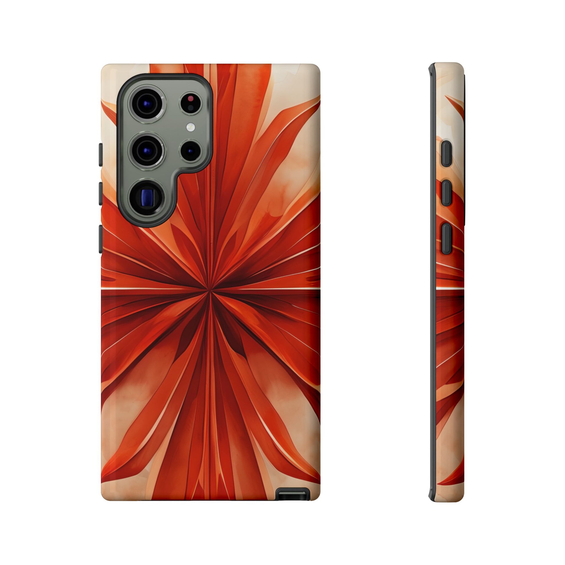 Sunset Fleur orange floral burst wraparound Samsung Galaxy phone case front and side view