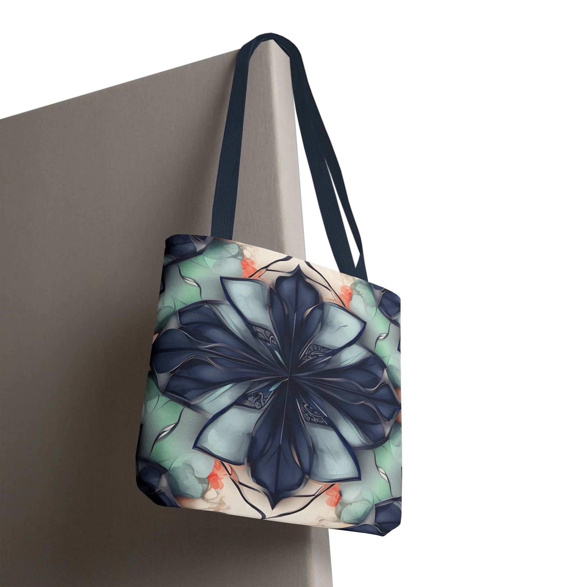 Midnight Mosaic canvas tote bag hanging with geometric midnight blue mosaic floral artwork