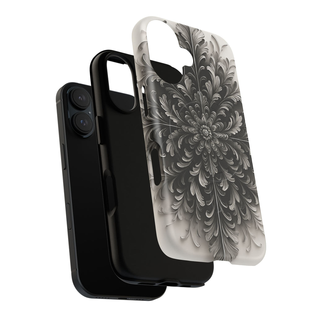 Obsidian Bloom - Elegant Black & White iPhone 16 MagSafe Phone Case - Intricate Mandala Flower Design