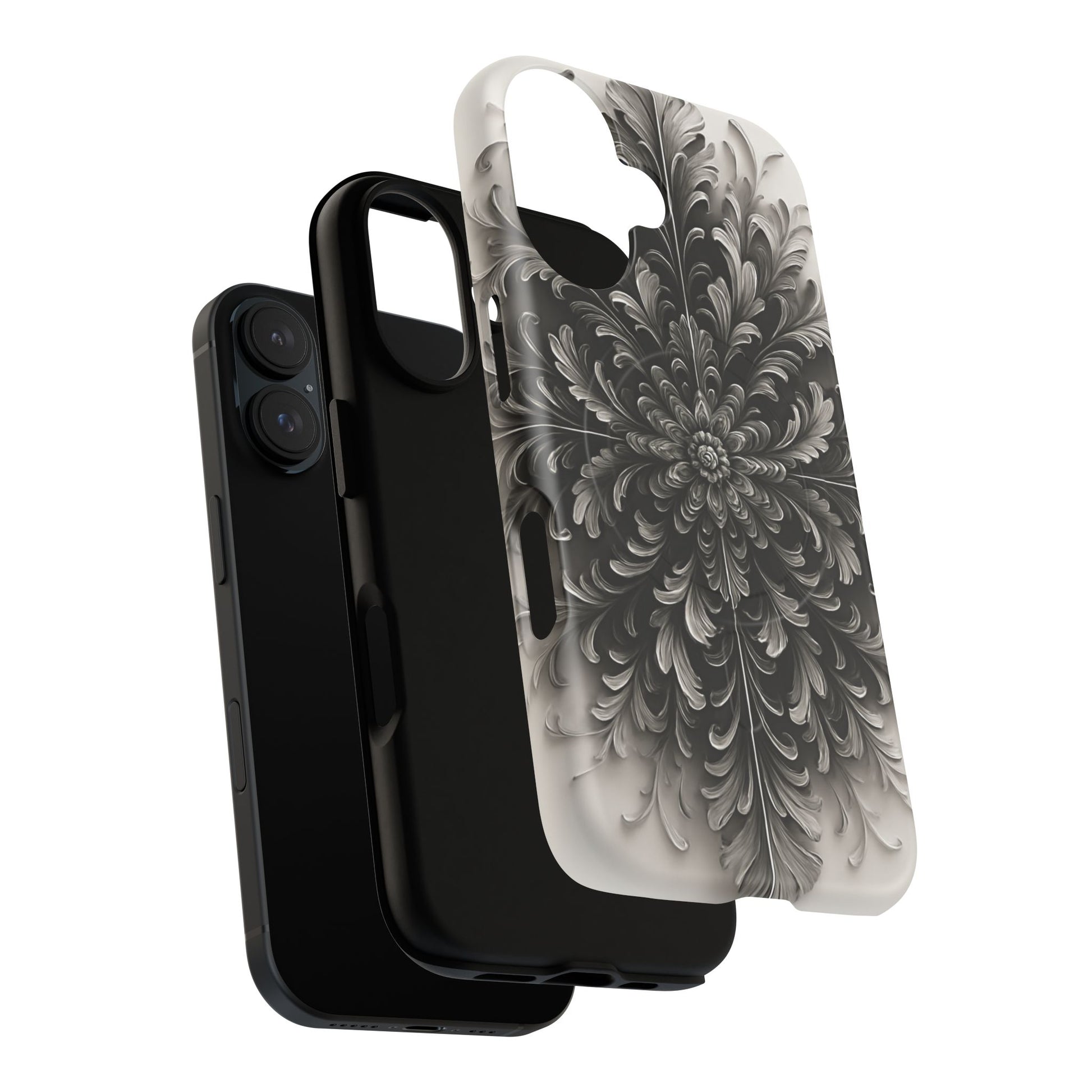 Obsidian Bloom - Elegant Black & White iPhone 16 MagSafe Phone Case - Intricate Mandala Flower Design