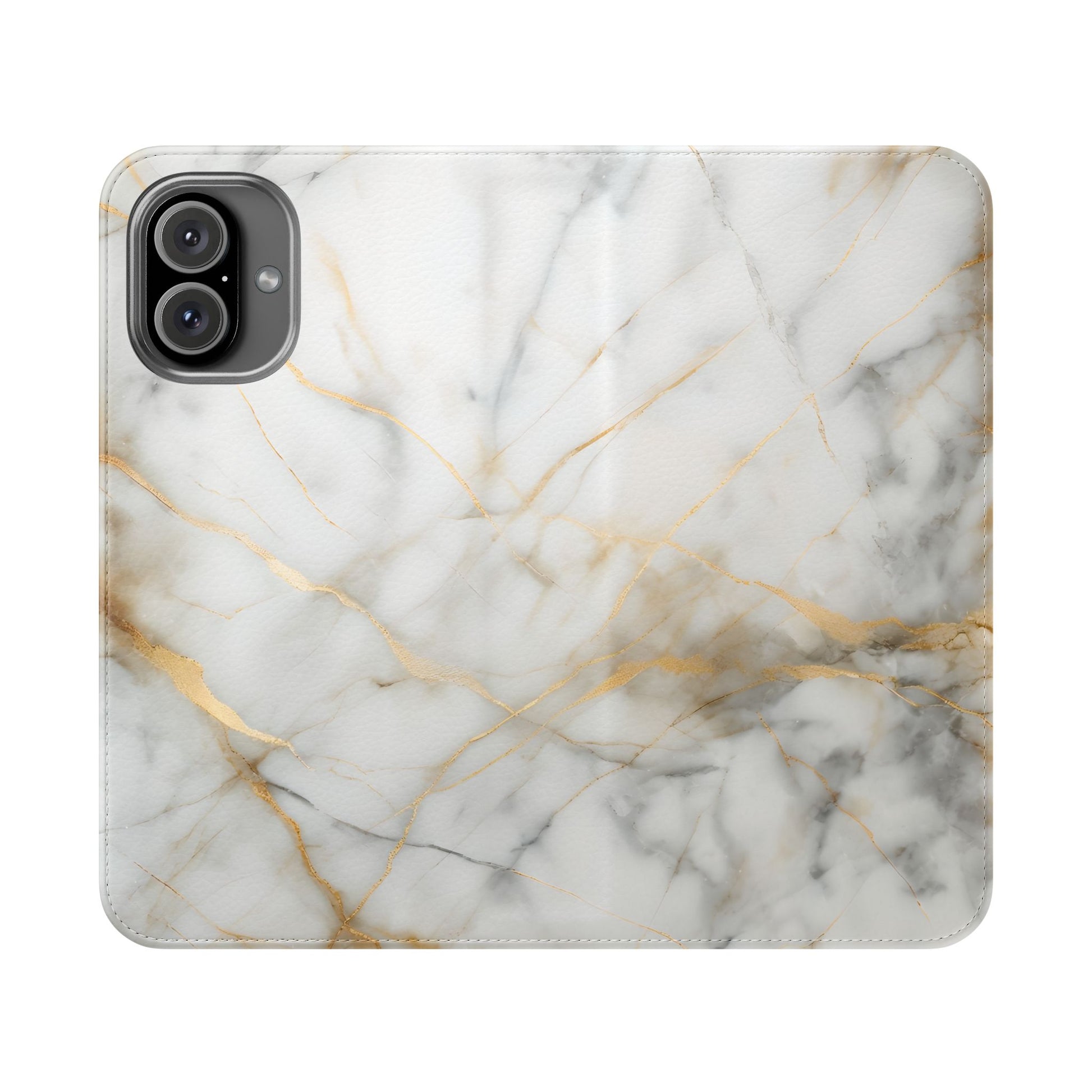 Golden Vein Wallet Phone Case - Gold & White Marble Design - Flip Cover for iPhone 16 Plus