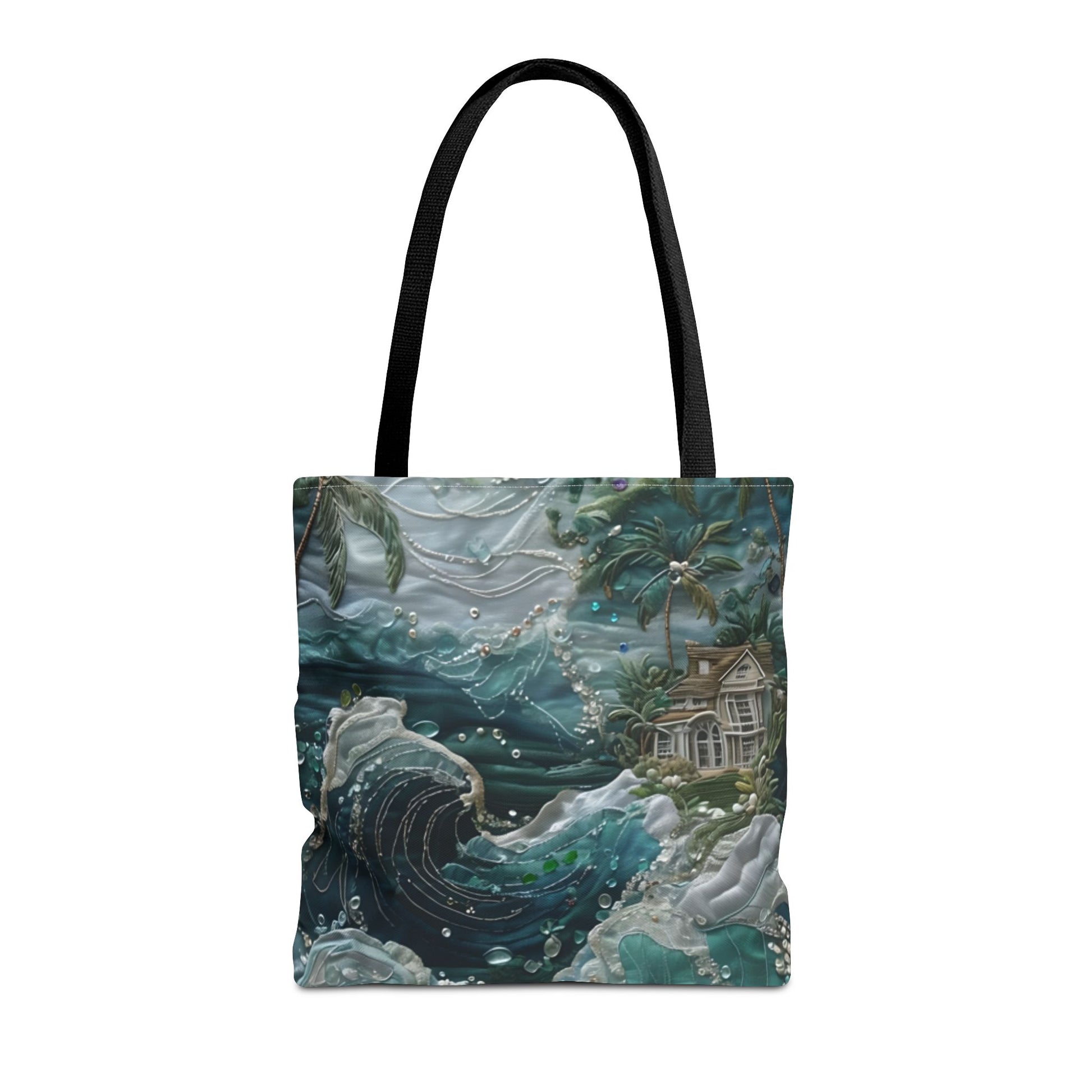 Tropical Midnight Wave canvas tote bag featuring teal tropical wave pattern with black handles
