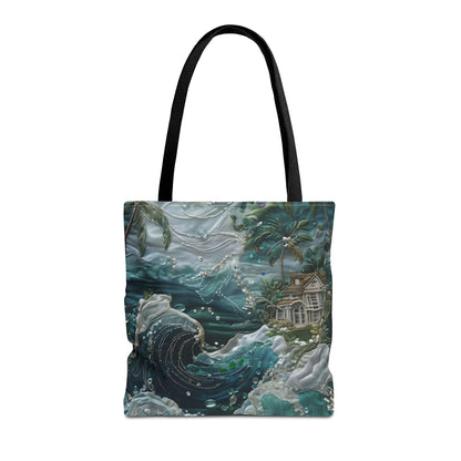 Tropical Midnight Wave canvas tote bag featuring teal tropical wave pattern with black handles
