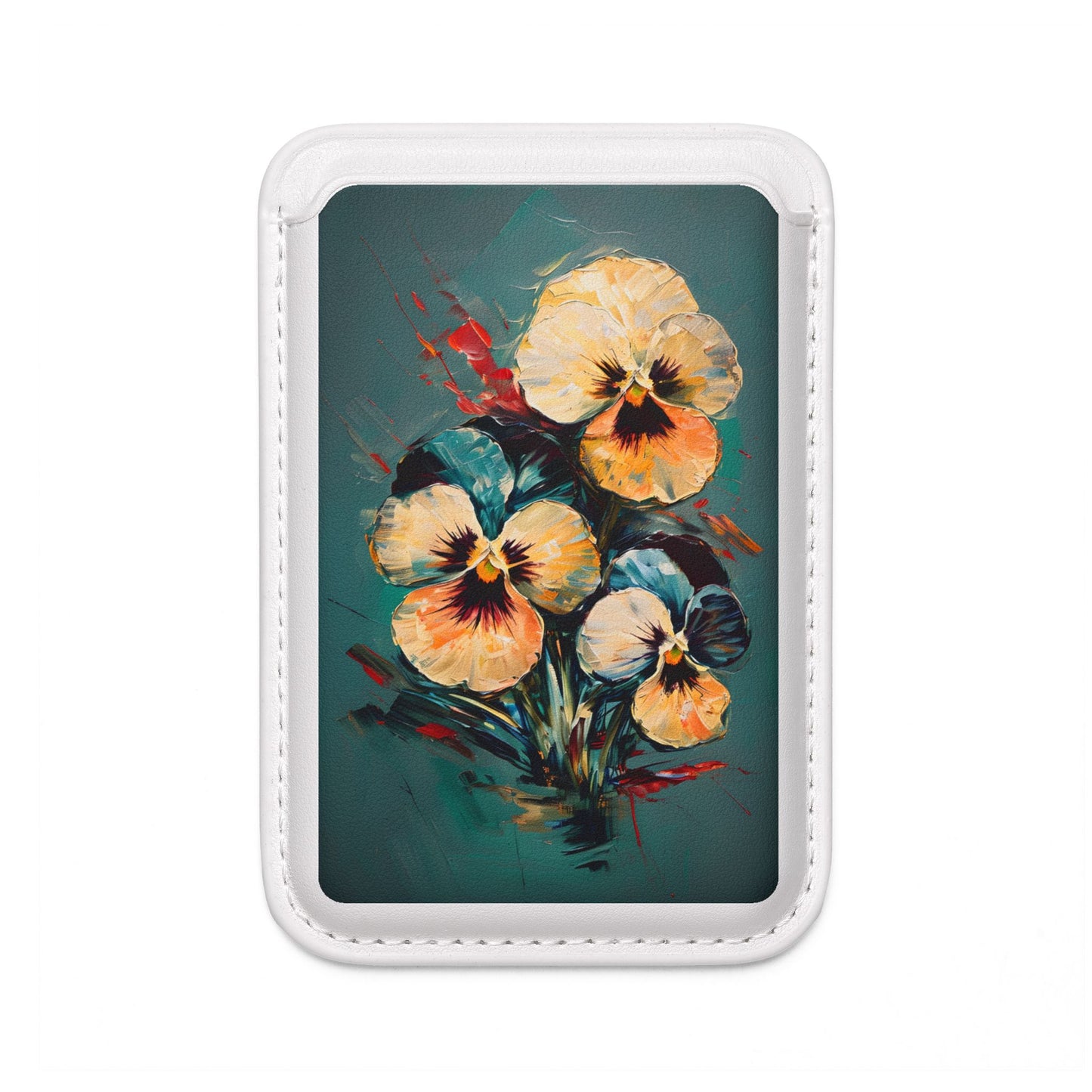Golden Pansy Cascade floral MagSafe card holder with vintage pansy bouquet artwork on white magnetic wallet for iPhone