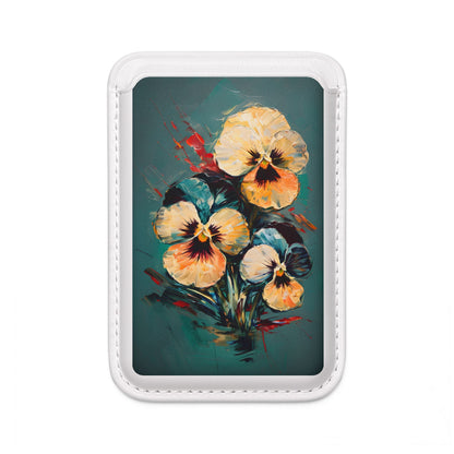 Golden Pansy Cascade floral MagSafe card holder with vintage pansy bouquet artwork on white magnetic wallet for iPhone