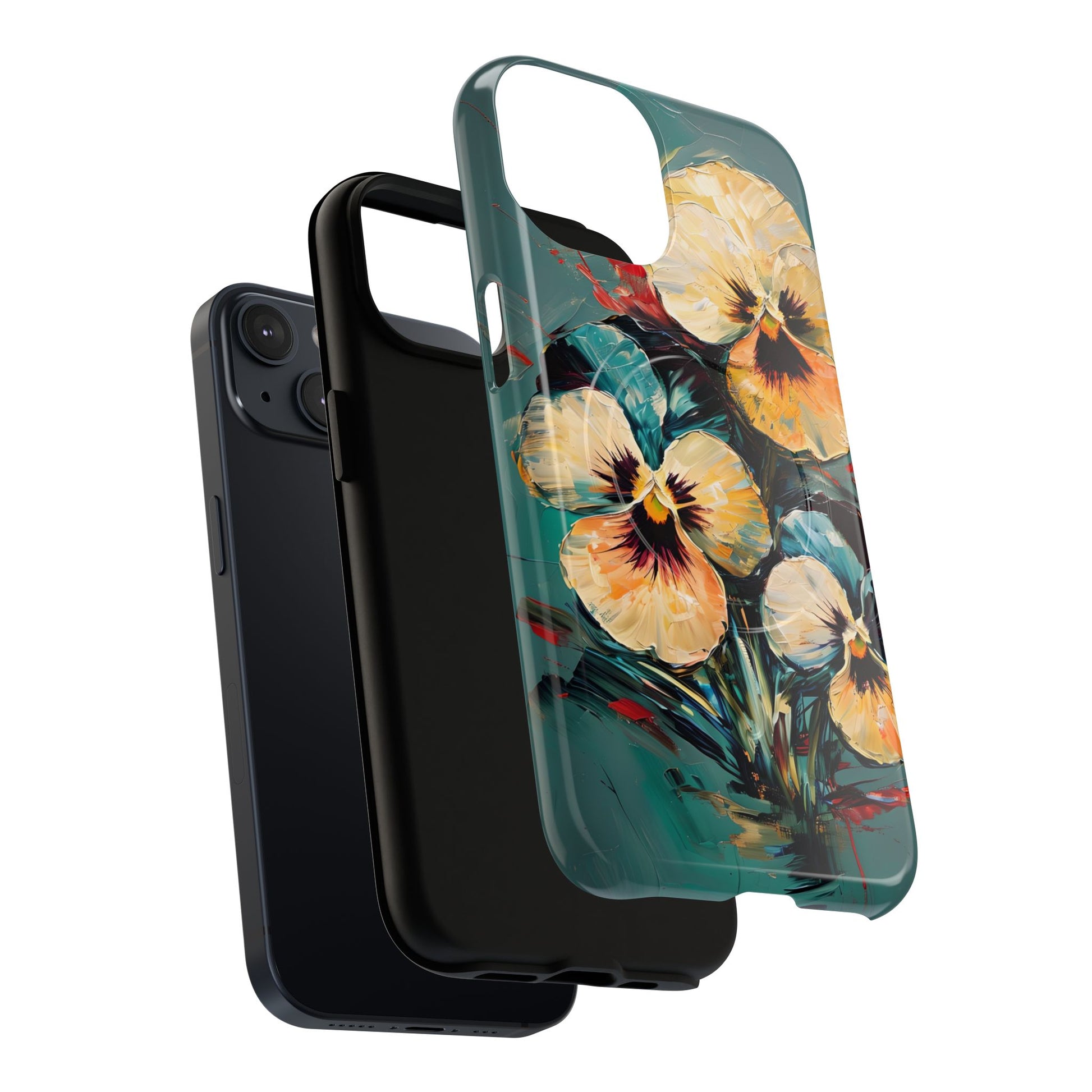 Dual-layer Golden Pansy Cascade iPhone MagSafe case showing shock absorbing protection