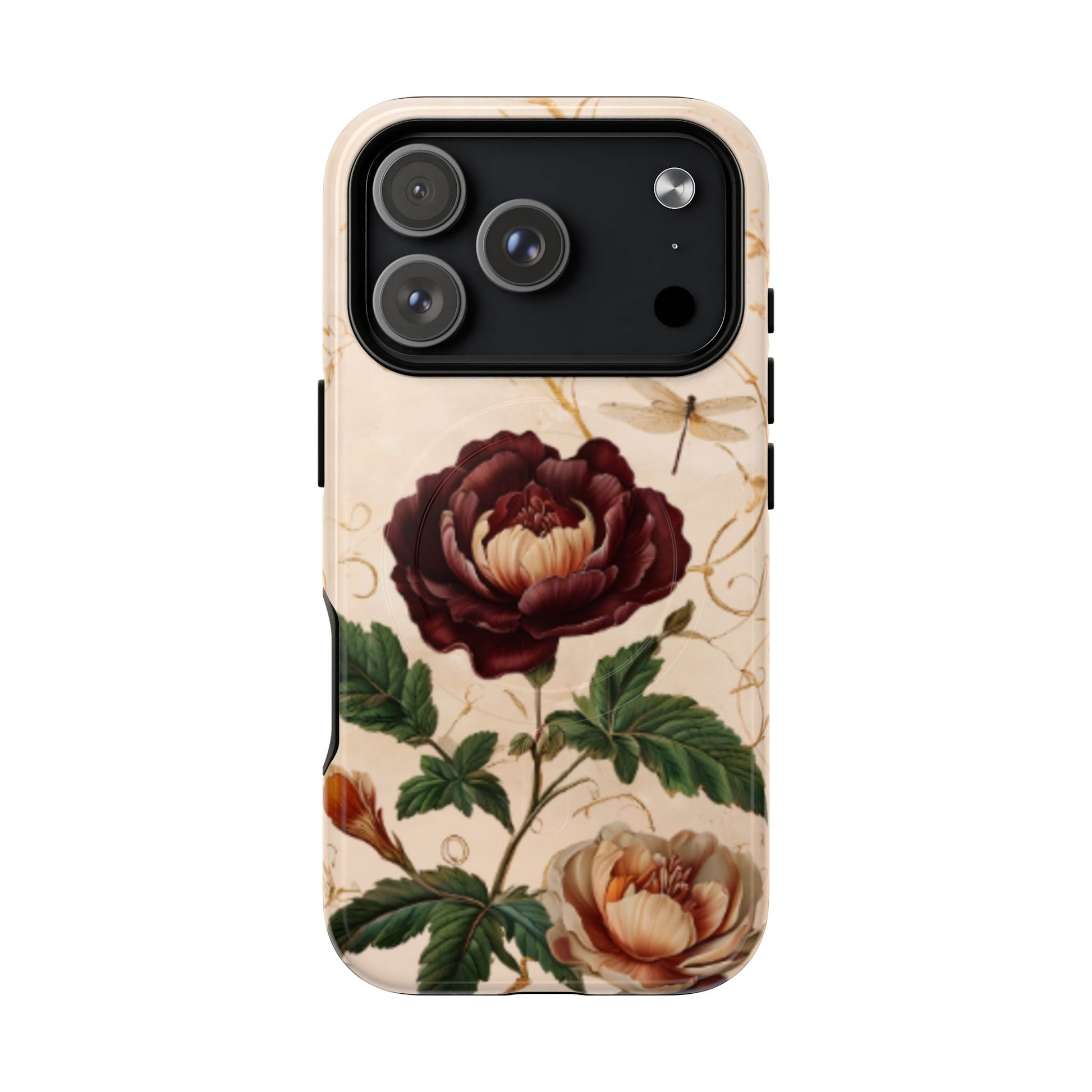 Vintage Burgundy Rose iPhone MagSafe case with large camera cutout for Pro models