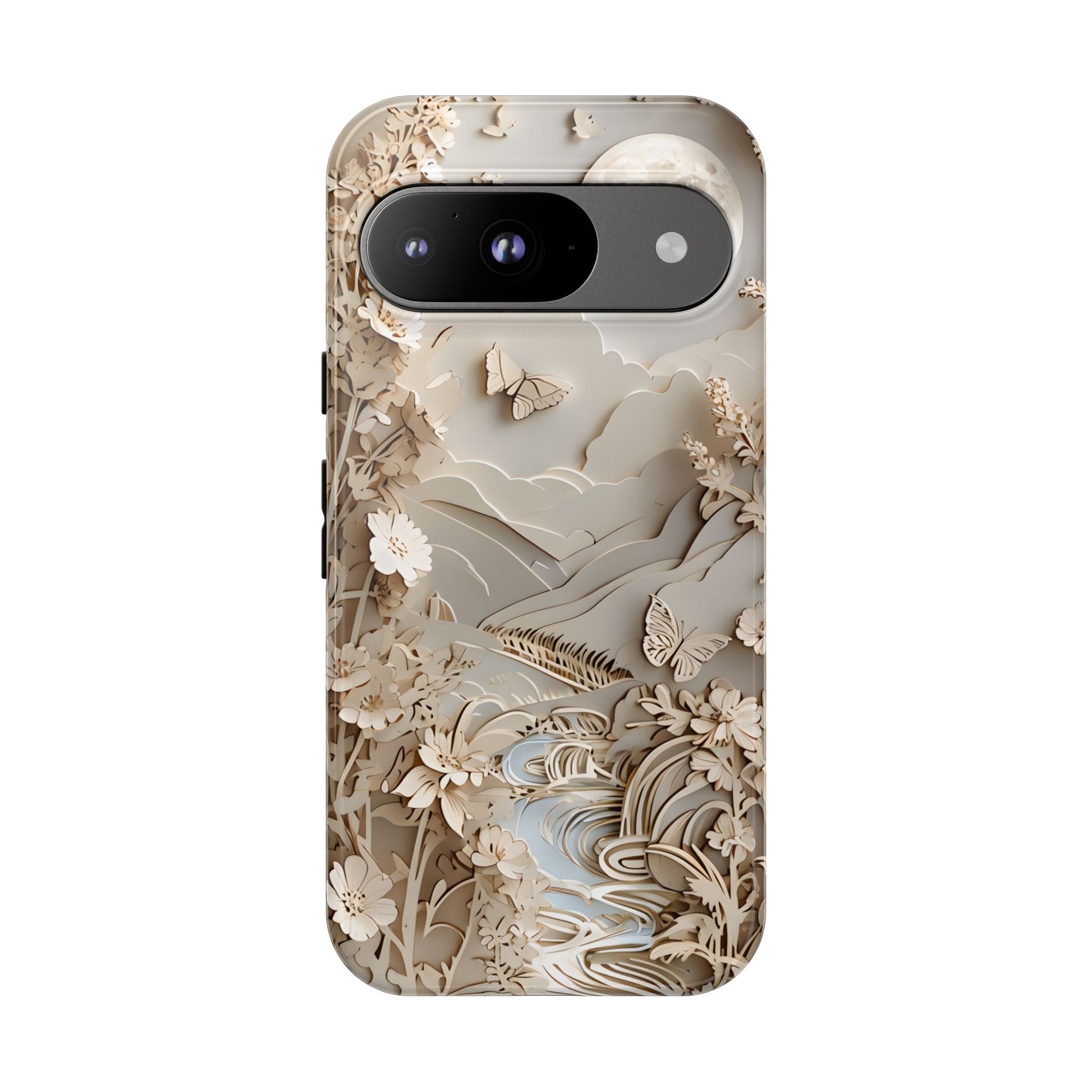 Moonlit Garden - Elegant Neutral Floral Google Pixel 9 Tough Phone Case - Painterly Botanical & Moon Design