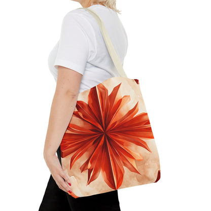 Sunset Fleur canvas tote bag worn over shoulder showing bold orange flower artwork