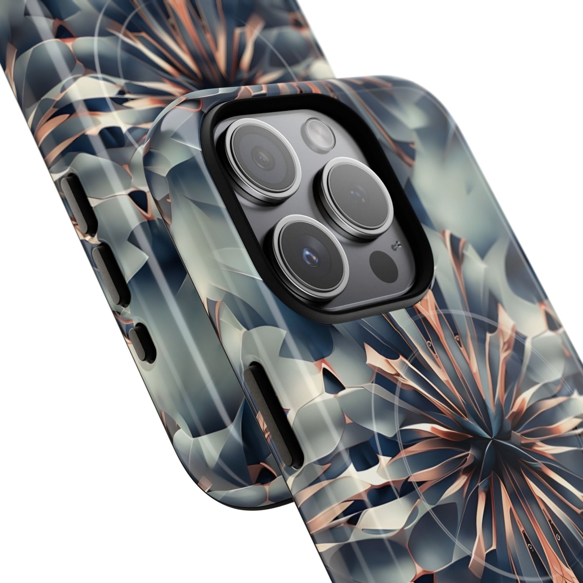 Obsidian Kaleidoscope Artistic Floral Burst - iPhone 15 Pro MagSafe Phone Case -Blue, Peach and Silver Symmetrical Design