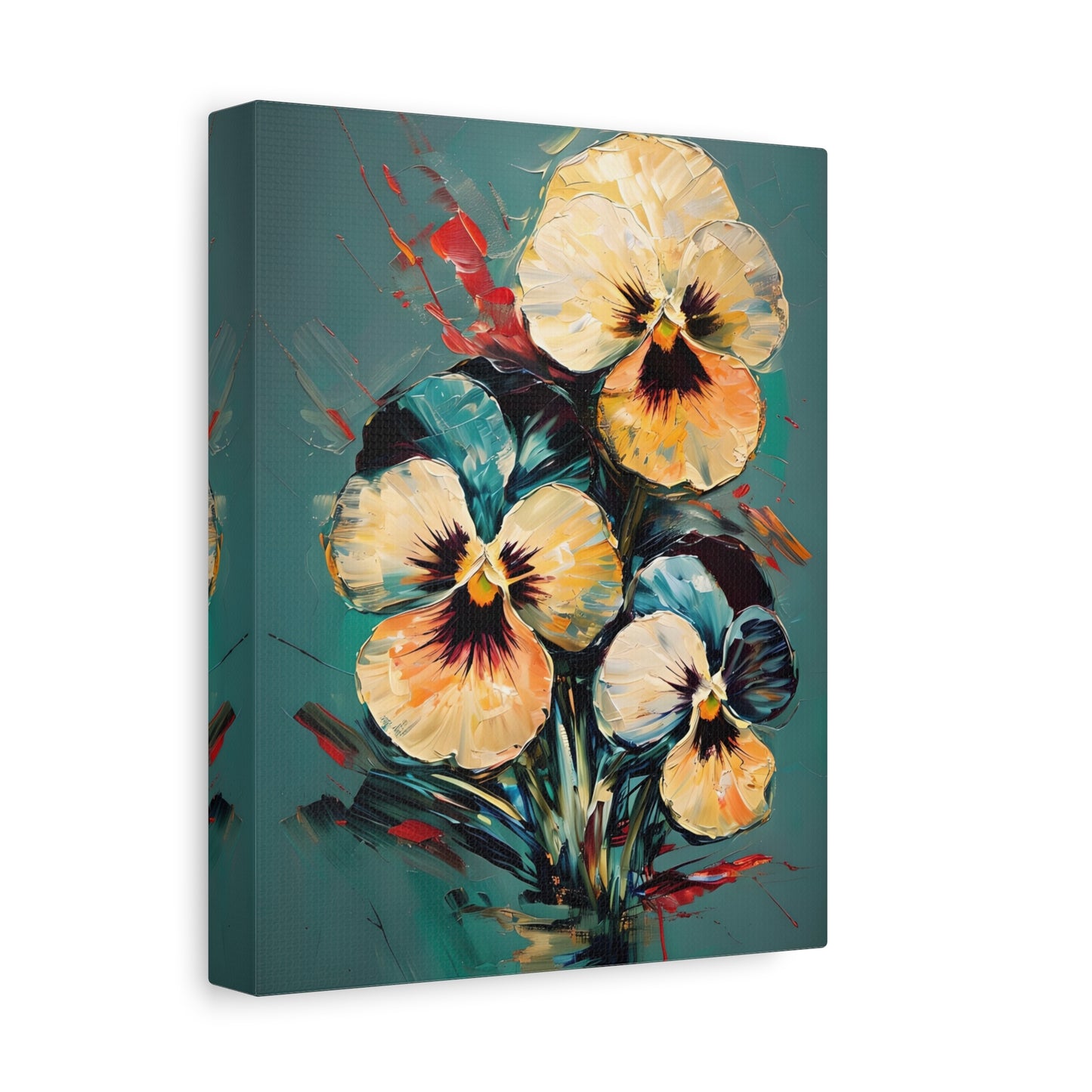 Golden Pansy Cascade - Romantic Floral Design on Teal Background - Vertical Wall Art