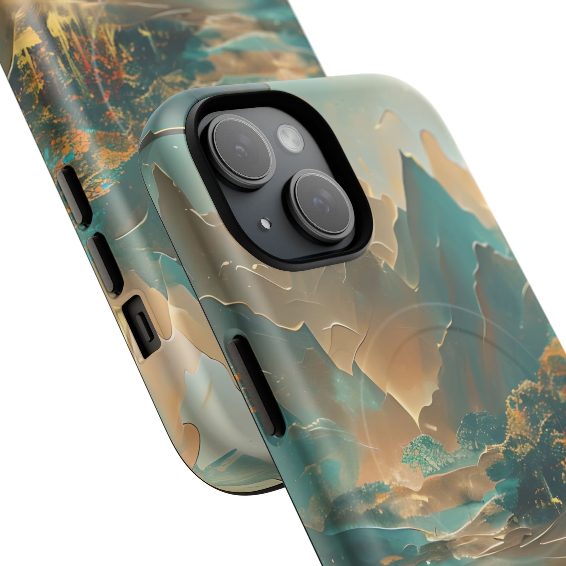 Misty Horizon - Serene Landscape Art iPhone 15 MagSafe Phone Case - Tranquil Mountain & Lake Design