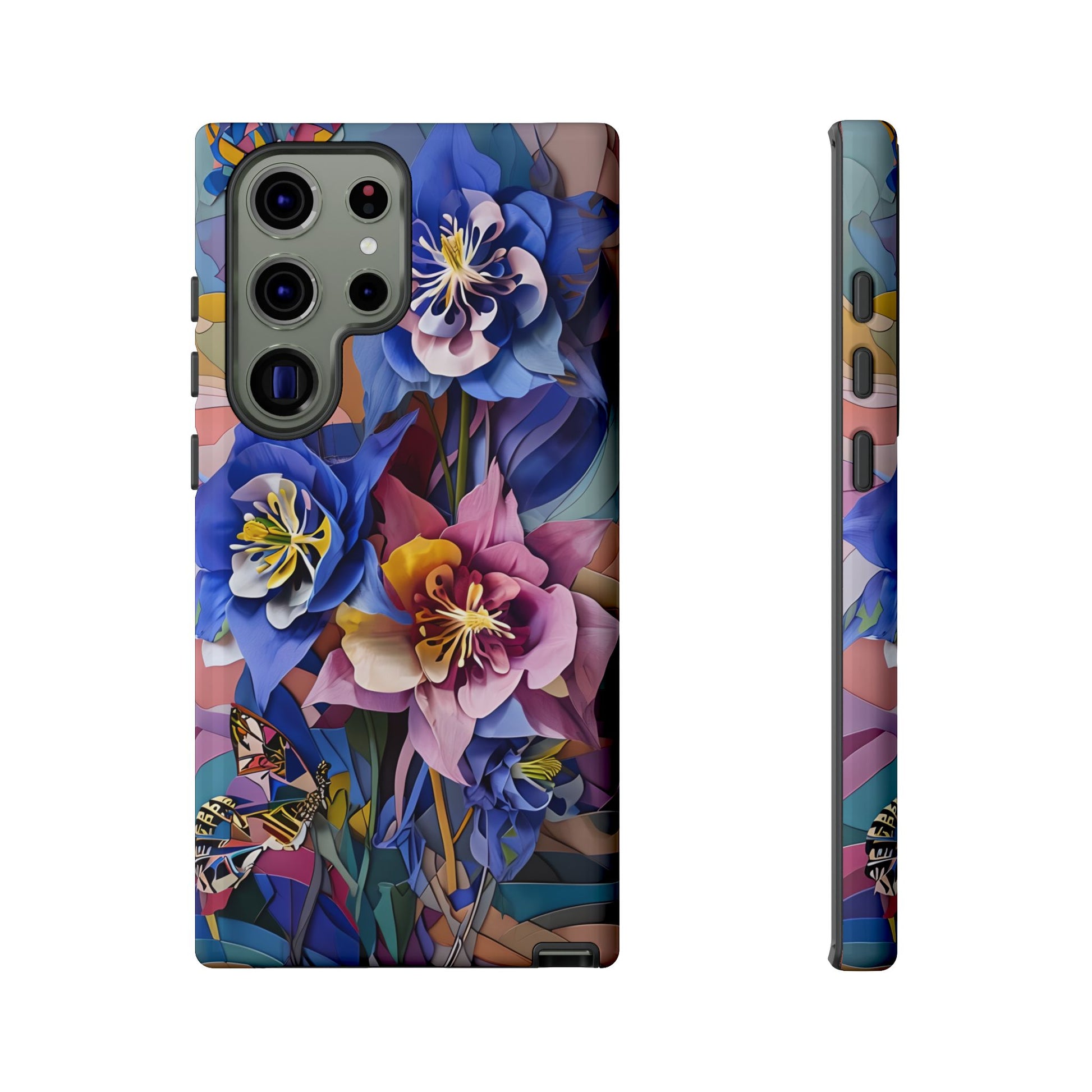Blue Columbine Carnivale - Artistic Floral & Butterfly Samsung S23 Ultra Tough Phone Case - Vibrant Botanical Design