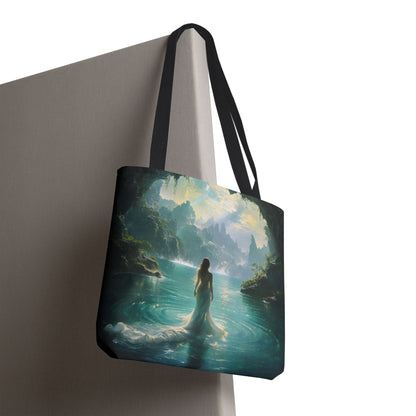 Celestial Tides canvas tote bag hanging with teal and blue celestial wave design