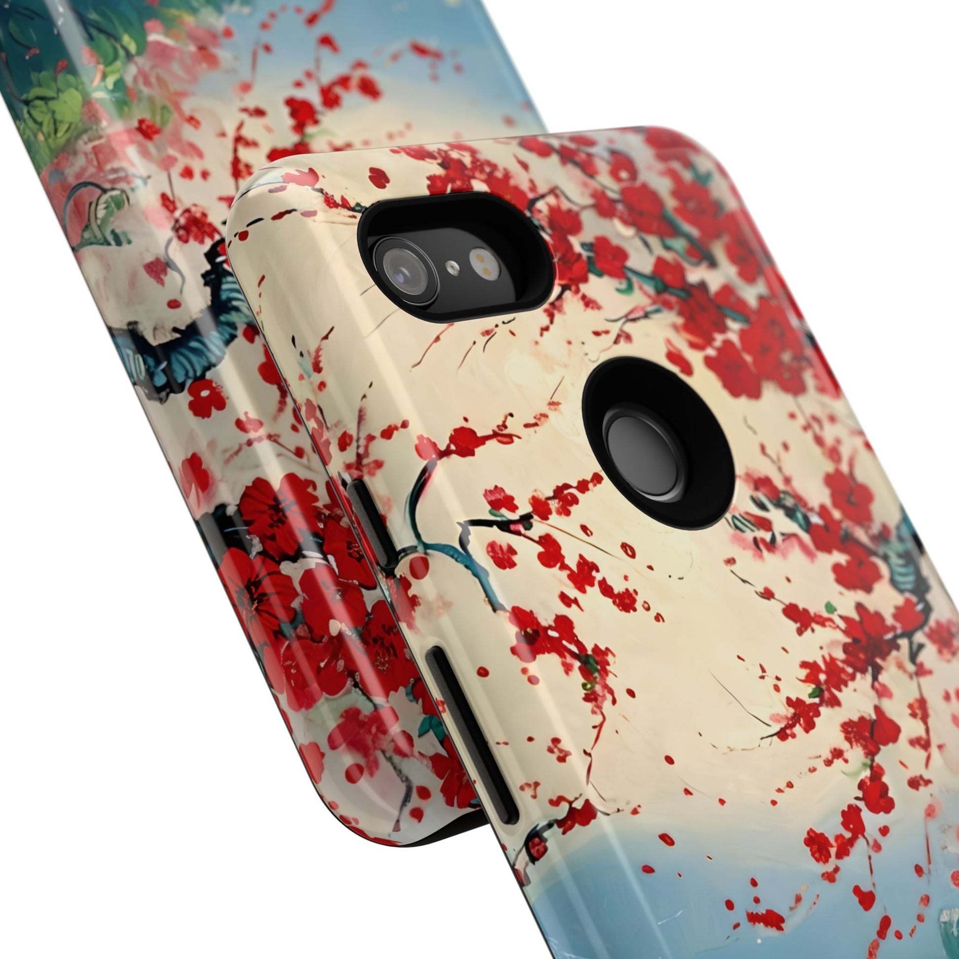 Crimson Blossom Lake - Artistic Floral Landscape Google Pixel 3XL Tough Phone Case - Red Cherry Blossoms & Serene Lake Design