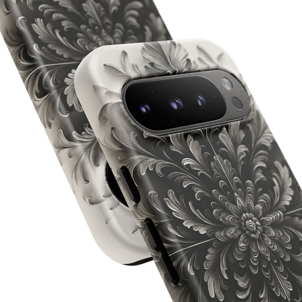 Obsidian Bloom - Elegant Black & White Google Pixel 9 Pro Tough Phone Case - Intricate Mandala Flower Design
