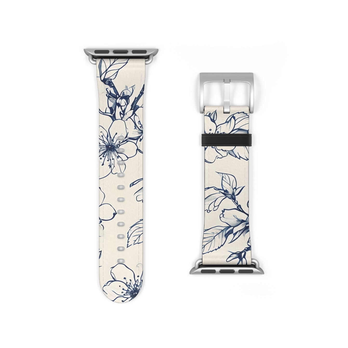 Blossom Sketch Apple Watch band strap with silver clasp showing minimalist blue floral sketch pattern