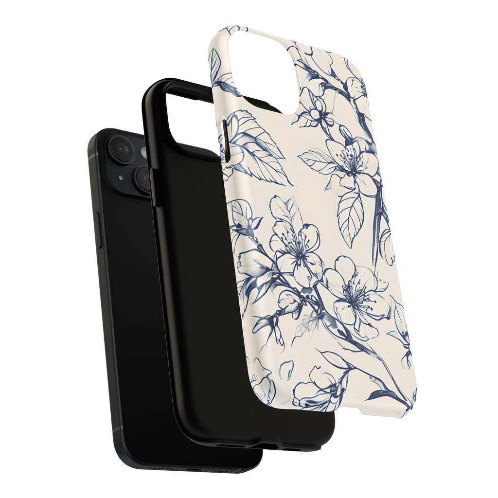Blossom Sketch - Artistic Blue Floral - iPhone 15 Plus MagSafe Phone Case - Hand-Drawn Botanical Design
