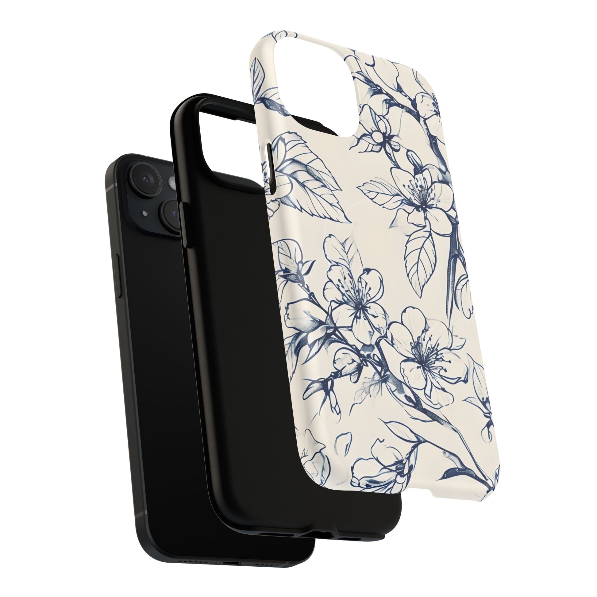Blossom Sketch - Artistic Blue Floral - iPhone 15 Plus MagSafe Phone Case - Hand-Drawn Botanical Design