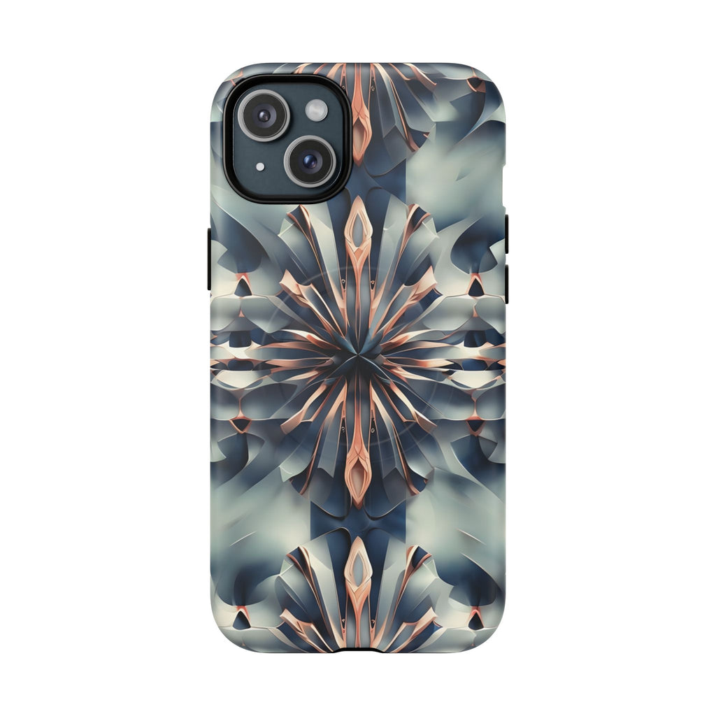 Obsidian Kaleidoscope Artistic Floral Burst - iPhone 15 Plus MagSafe Phone Case -Blue, Peach and Silver Symmetrical Design