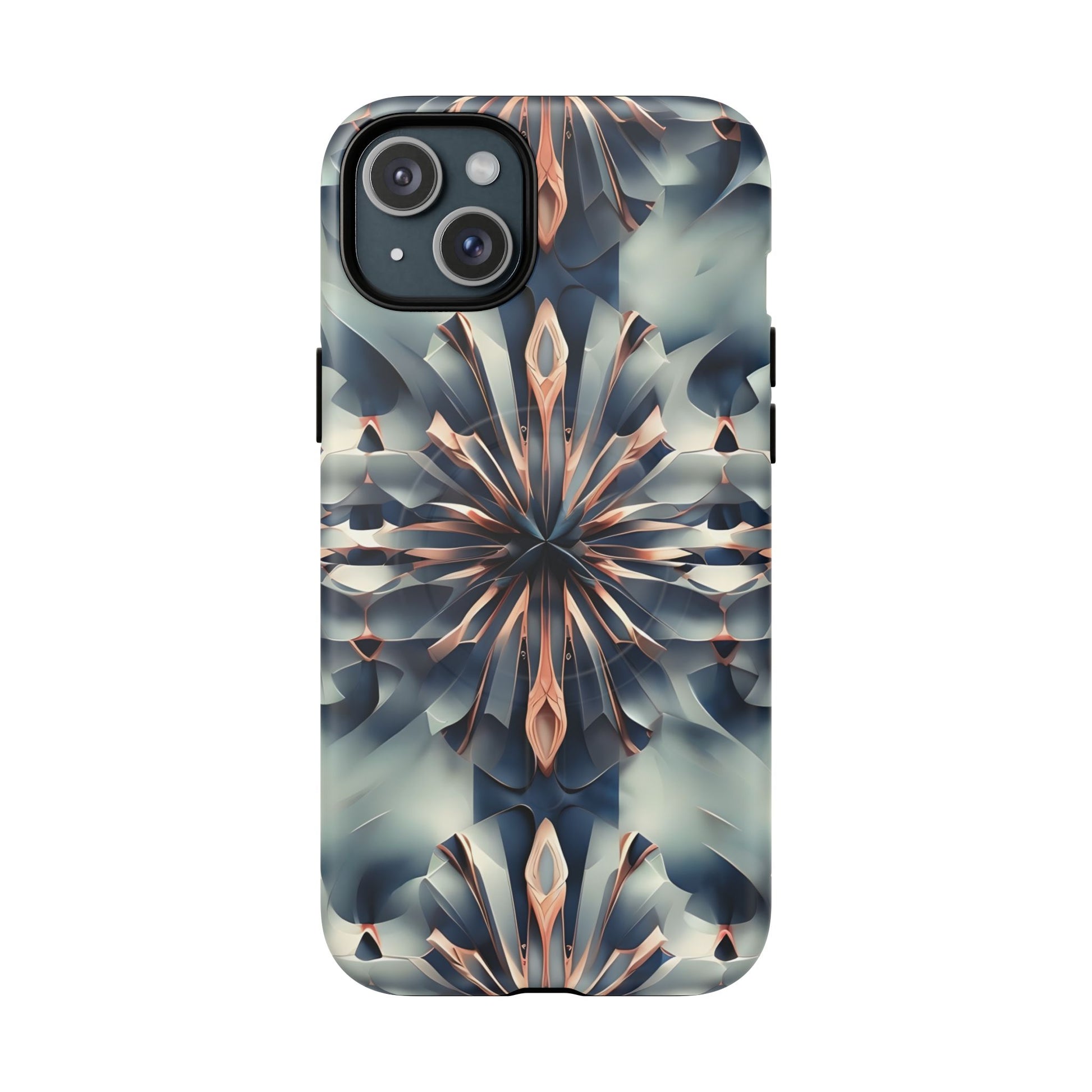 Obsidian Kaleidoscope Artistic Floral Burst - iPhone 15 Plus MagSafe Phone Case -Blue, Peach and Silver Symmetrical Design