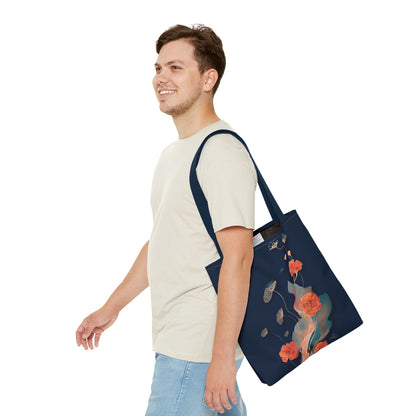 Lotus Reverie Tote Bag (16x16 & 18x18)- Deep Navy Canvas with Soft Coral Lotus and Leaf Motifs, Reusable & Eco-Friendly