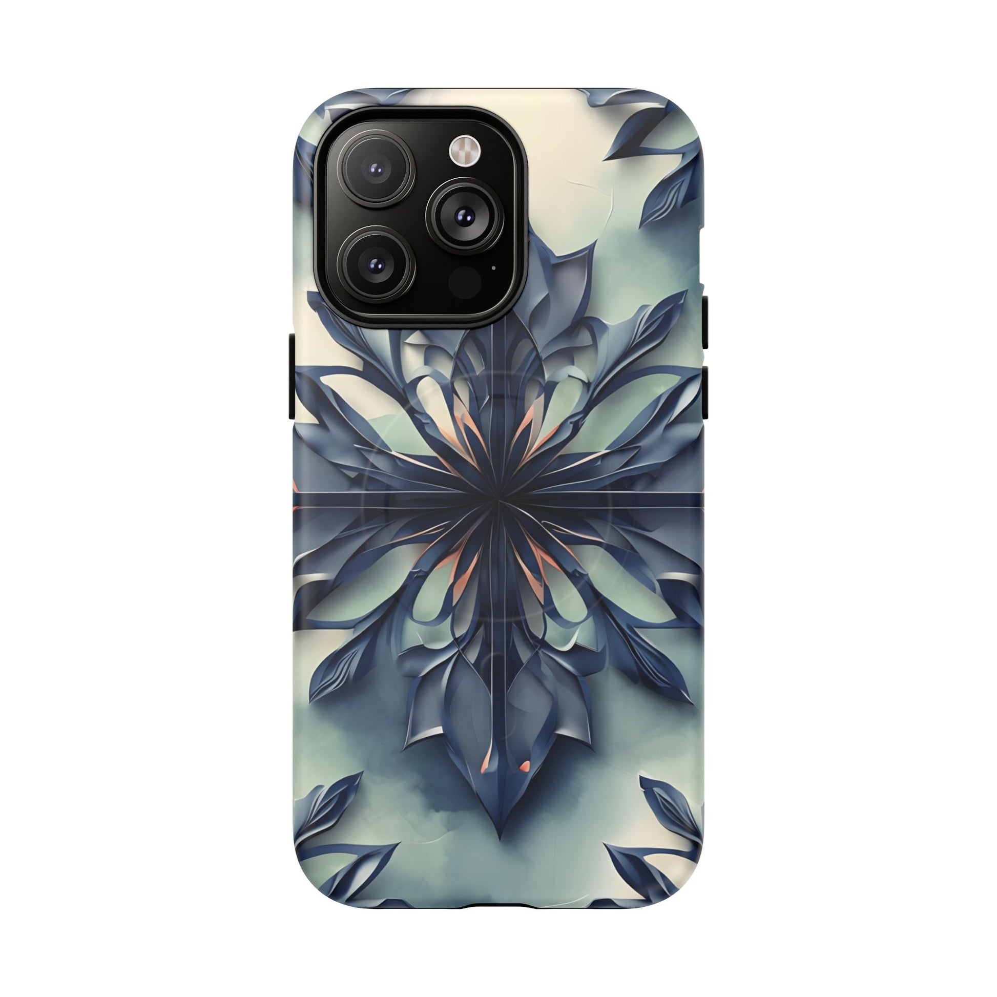 Frosted Indigo Bloom - Artistic Kaleidoscope Collection Artistic Floral - iPhone 14 Pro Max MagSafe Phone Case -Blue Symmetrical Design