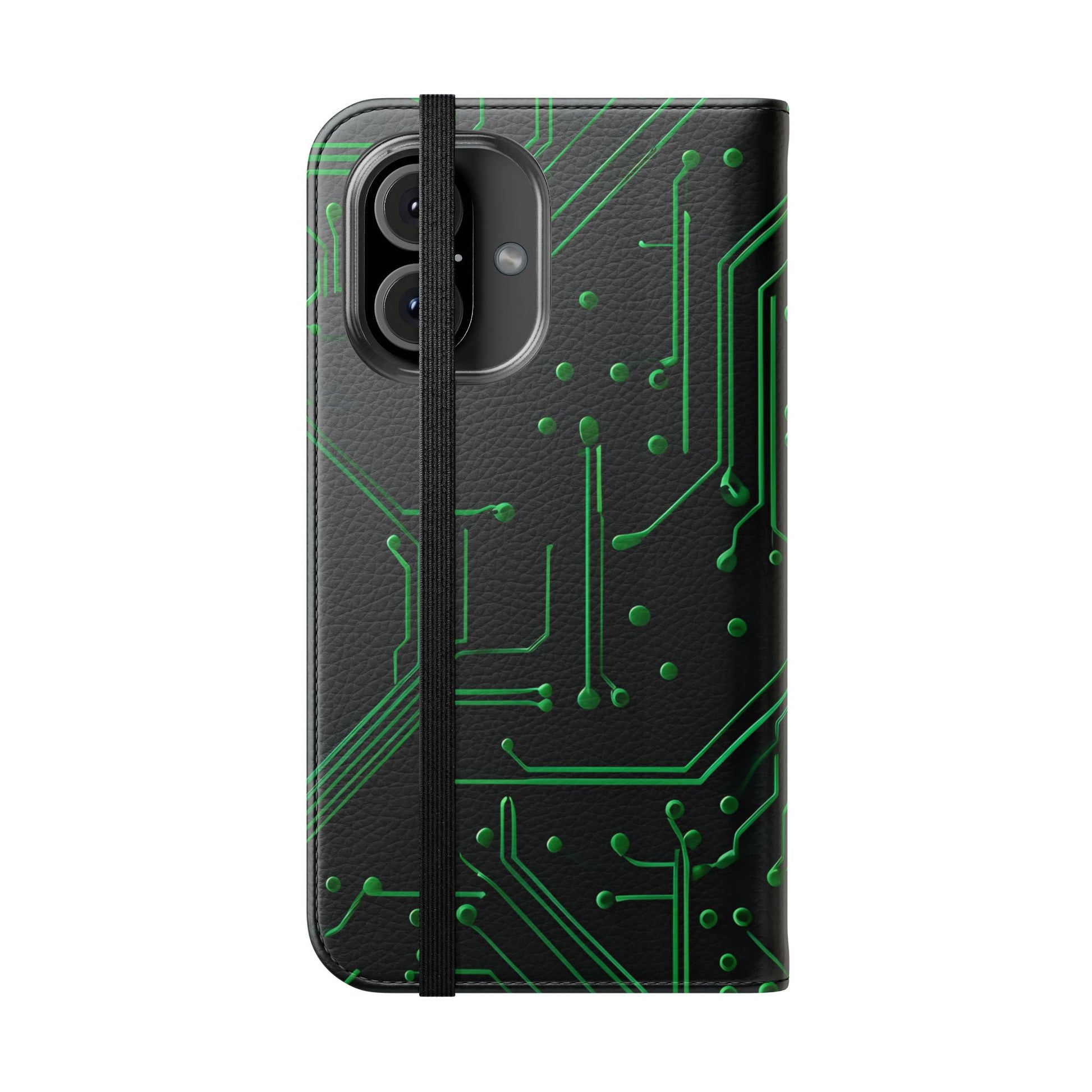 Green Circuit Grid Wallet Phone Case - Green & Black Computer Circuit Design - Flip Cover for iPhone 16