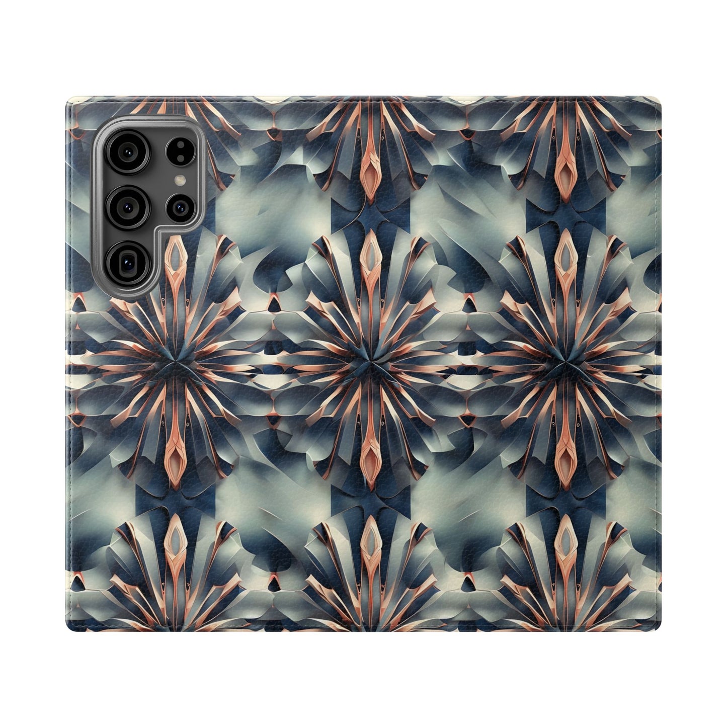 Obsidian Kaleidoscope Samsung Galaxy wallet flip phone case with geometric kaleidoscope pattern in deep blue, copper, and neutral tones