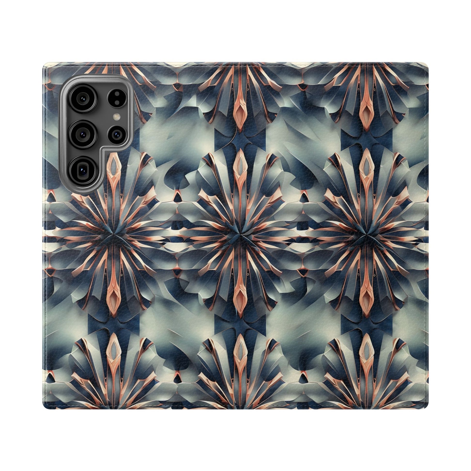 Obsidian Kaleidoscope Samsung Galaxy wallet flip phone case with geometric kaleidoscope pattern in deep blue, copper, and neutral tones