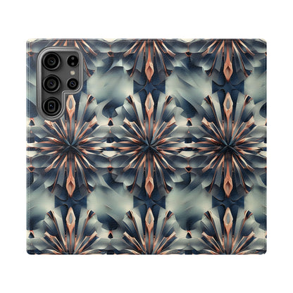 Obsidian Kaleidoscope Samsung Galaxy wallet flip phone case with geometric kaleidoscope pattern in deep blue, copper, and neutral tones