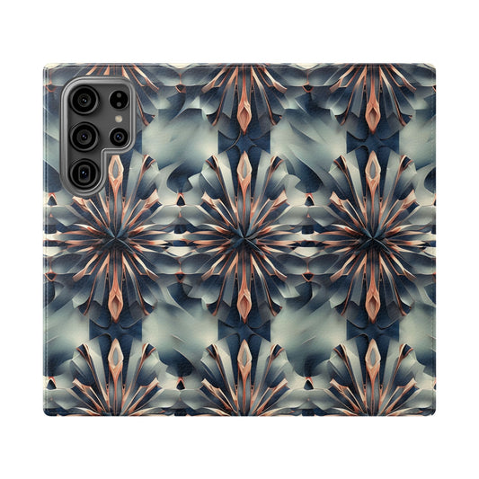 Obsidian Kaleidoscope Samsung Galaxy wallet flip phone case with geometric kaleidoscope pattern in deep blue, copper, and neutral tones