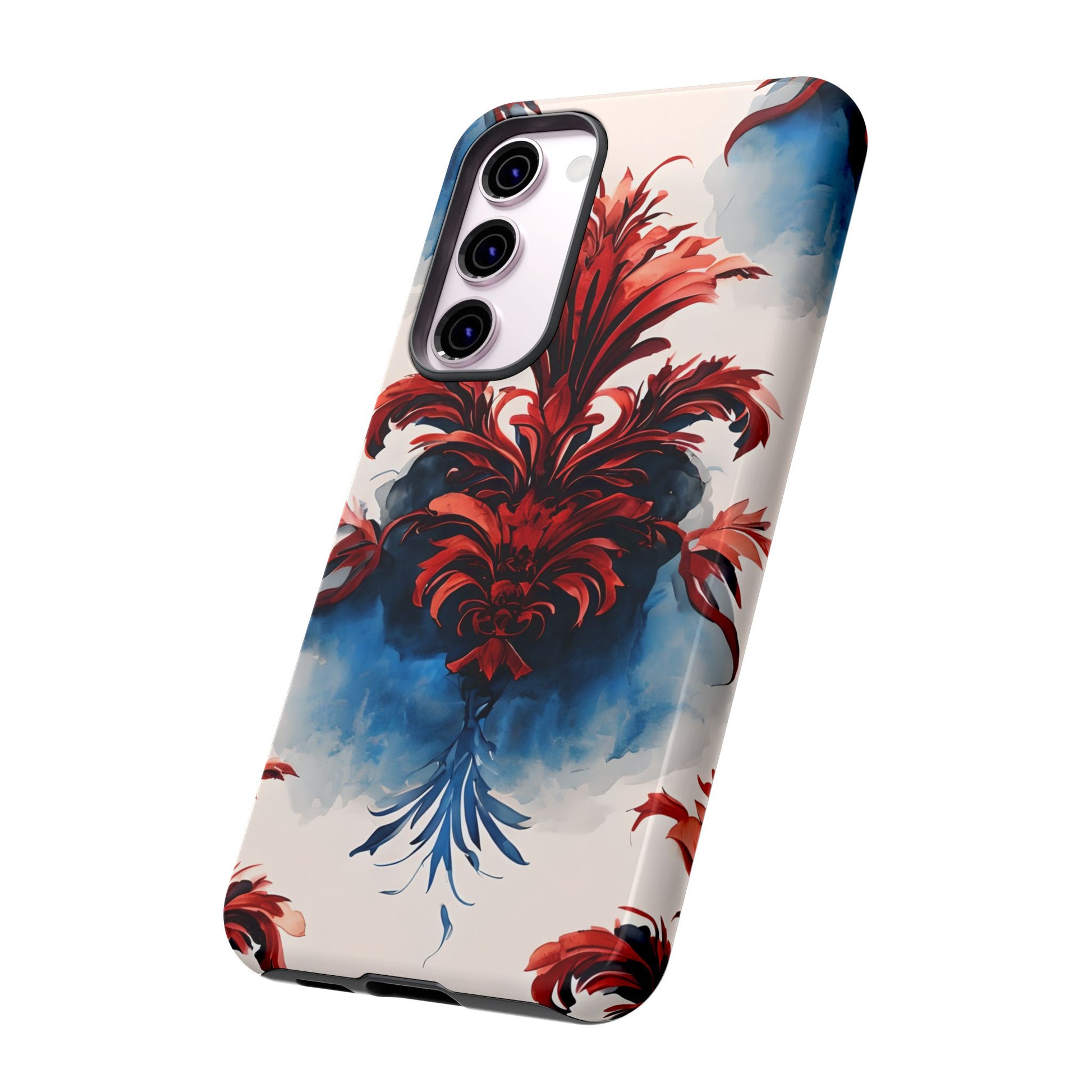 Crimson Plume - Bold Artistic Feather Samsung Galaxy S23 Plus Tough Phone Case - Dramatic Red & Blue Design