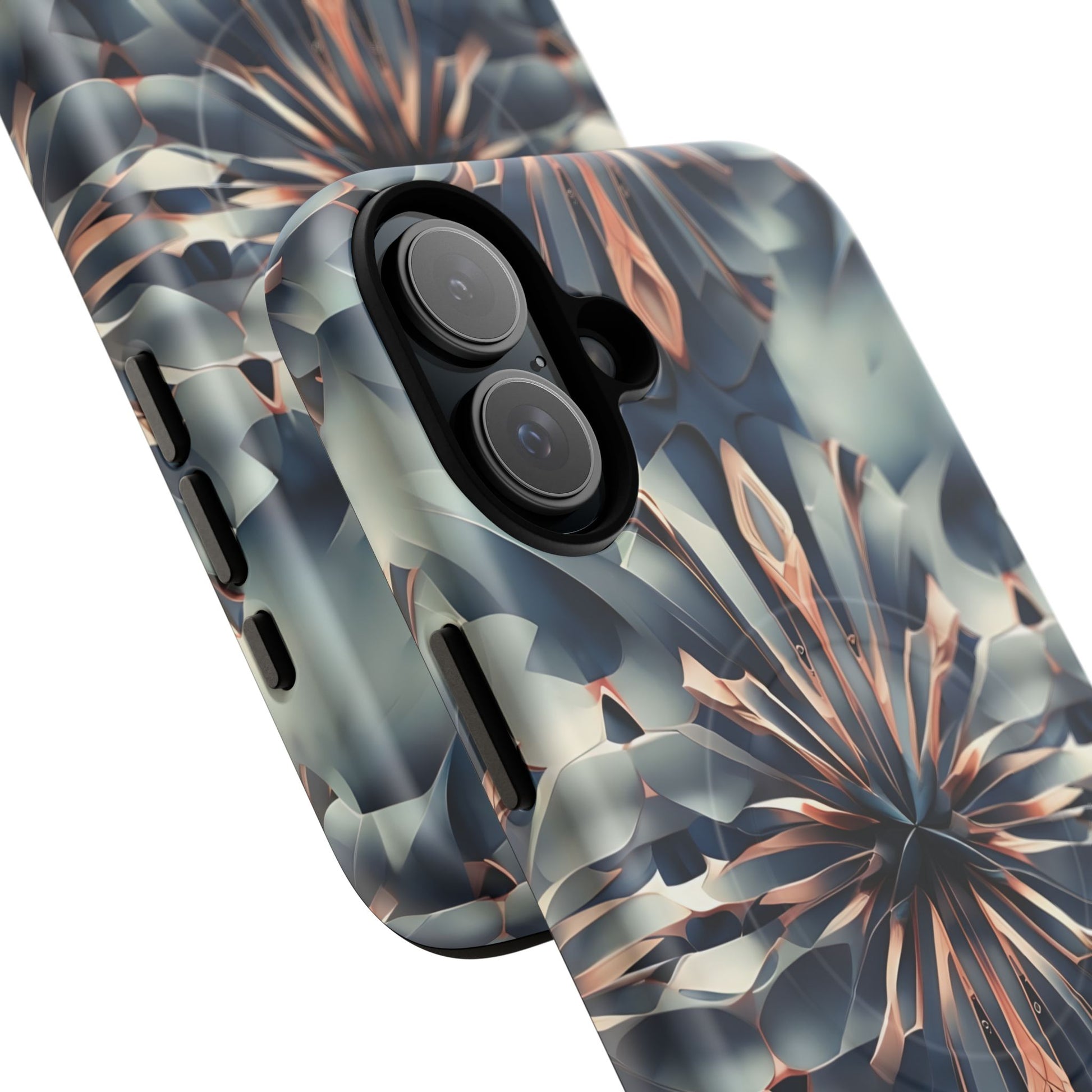 Obsidian Kaleidoscope Artistic Floral Burst - iPhone 16 Plus MagSafe Phone Case -Blue, Peach and Silver Symmetrical Design