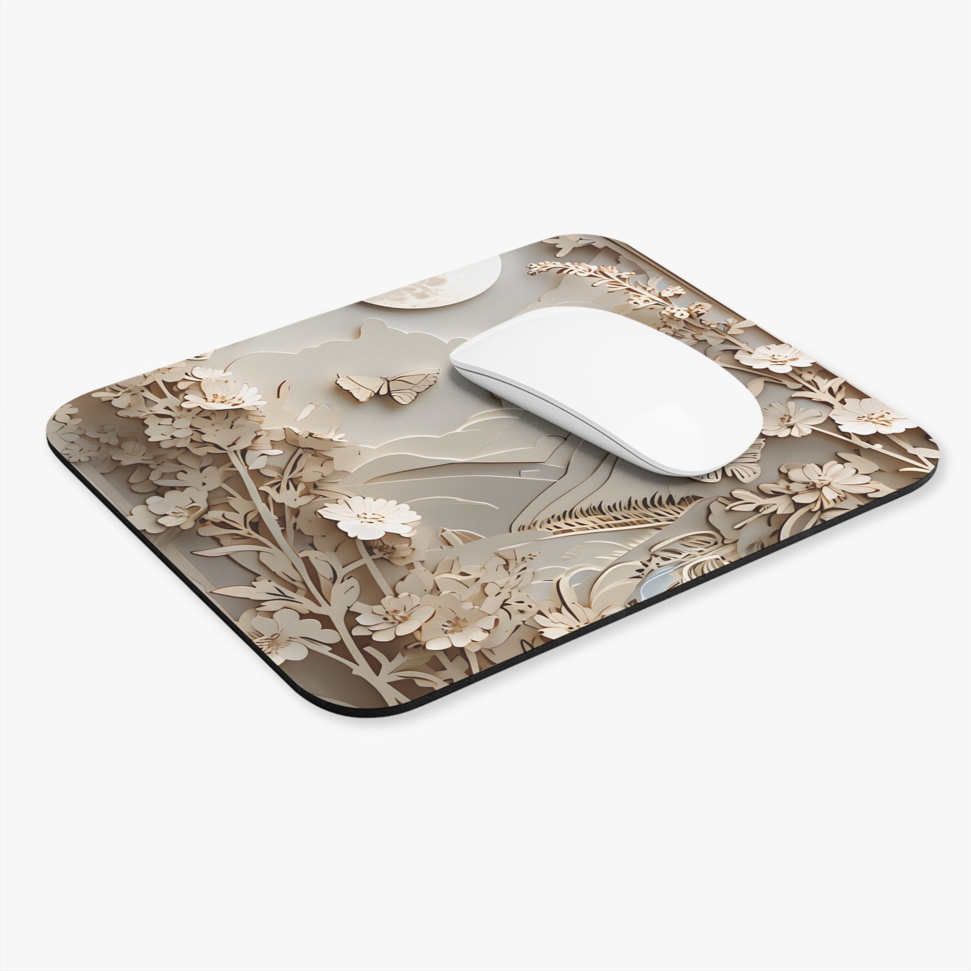 Moonlit Garden mouse pad in workspace with mouse showing botanical floral illustration