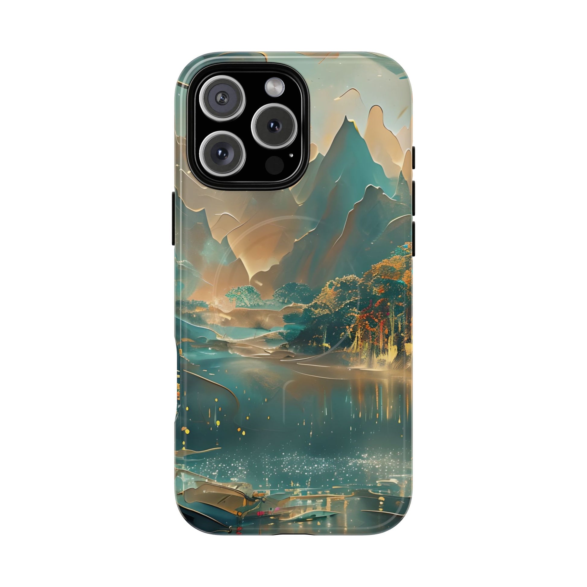 Misty Horizon - Serene Landscape Art iPhone 16 Pro Max MagSafe Phone Case - Tranquil Mountain & Lake Design