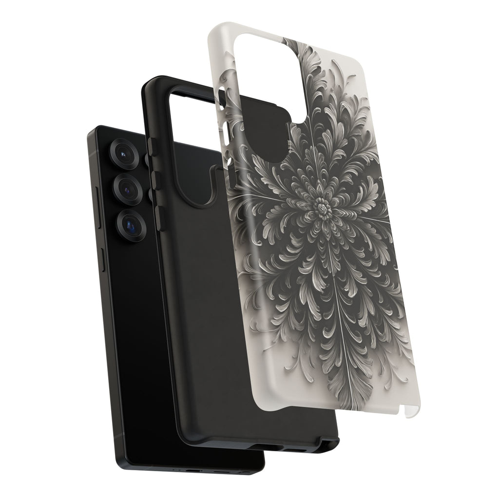 Obsidian Bloom - Elegant Black & White Samsung Galaxy S25 Ultra Tough Phone Case - Intricate Mandala Flower Design