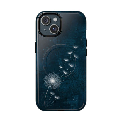 Dark blue iPhone case with white dandelion and drifting seeds, minimalist aesthetic design