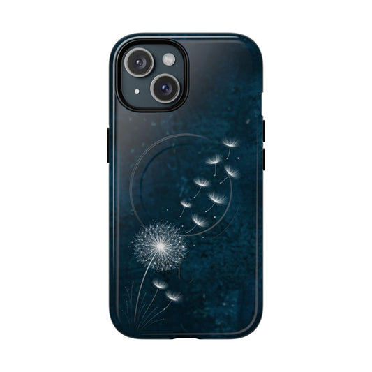 Dark blue iPhone case with white dandelion and drifting seeds, minimalist aesthetic design