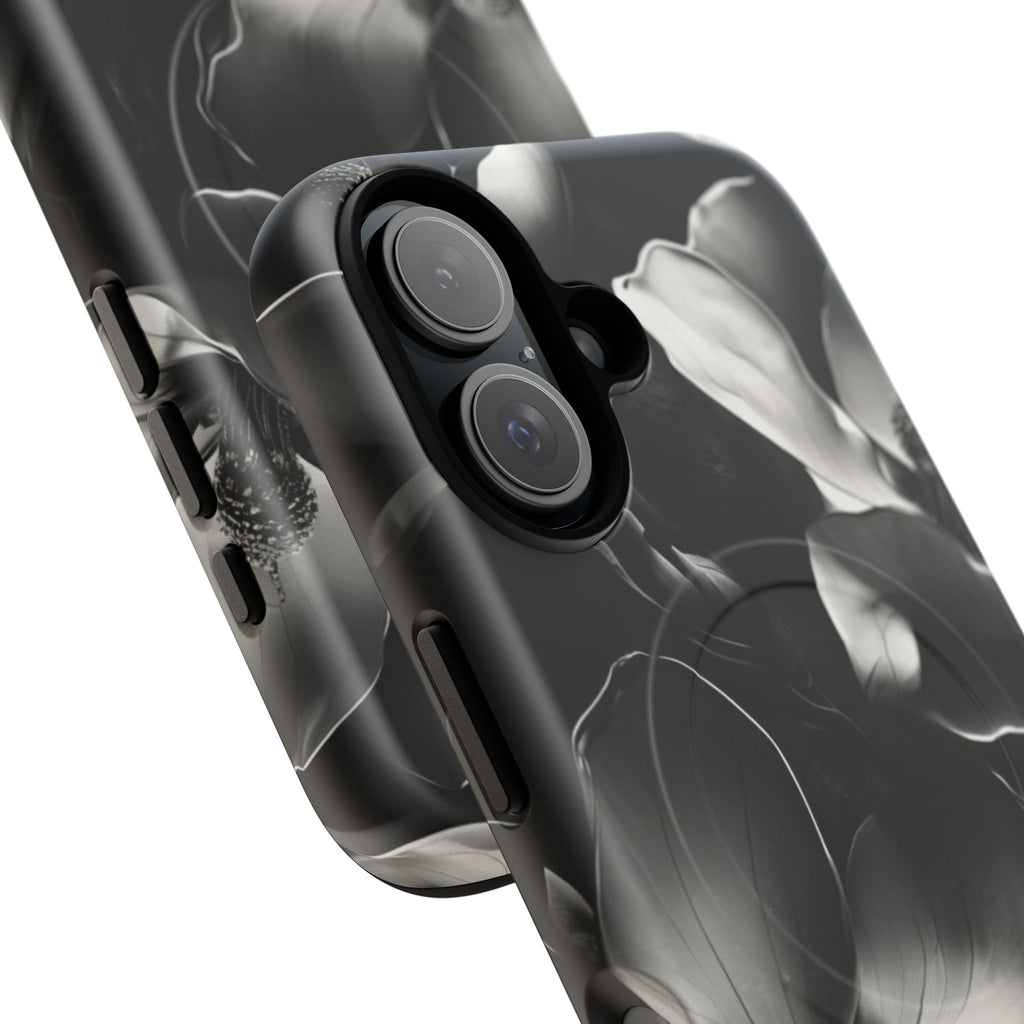 Monochrome Magnolia - Elegant Black & White Floral iPhone 16 MagSafe Phone Case - Artistic Magnolia Design