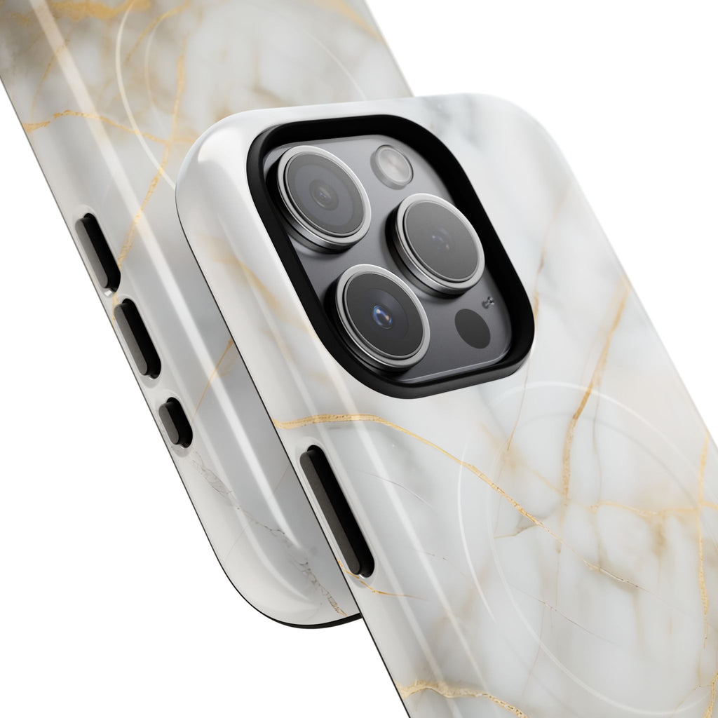 Golden Vein iPhone 15 Pro MagSafe Phone Case -White Neutral Marble Design