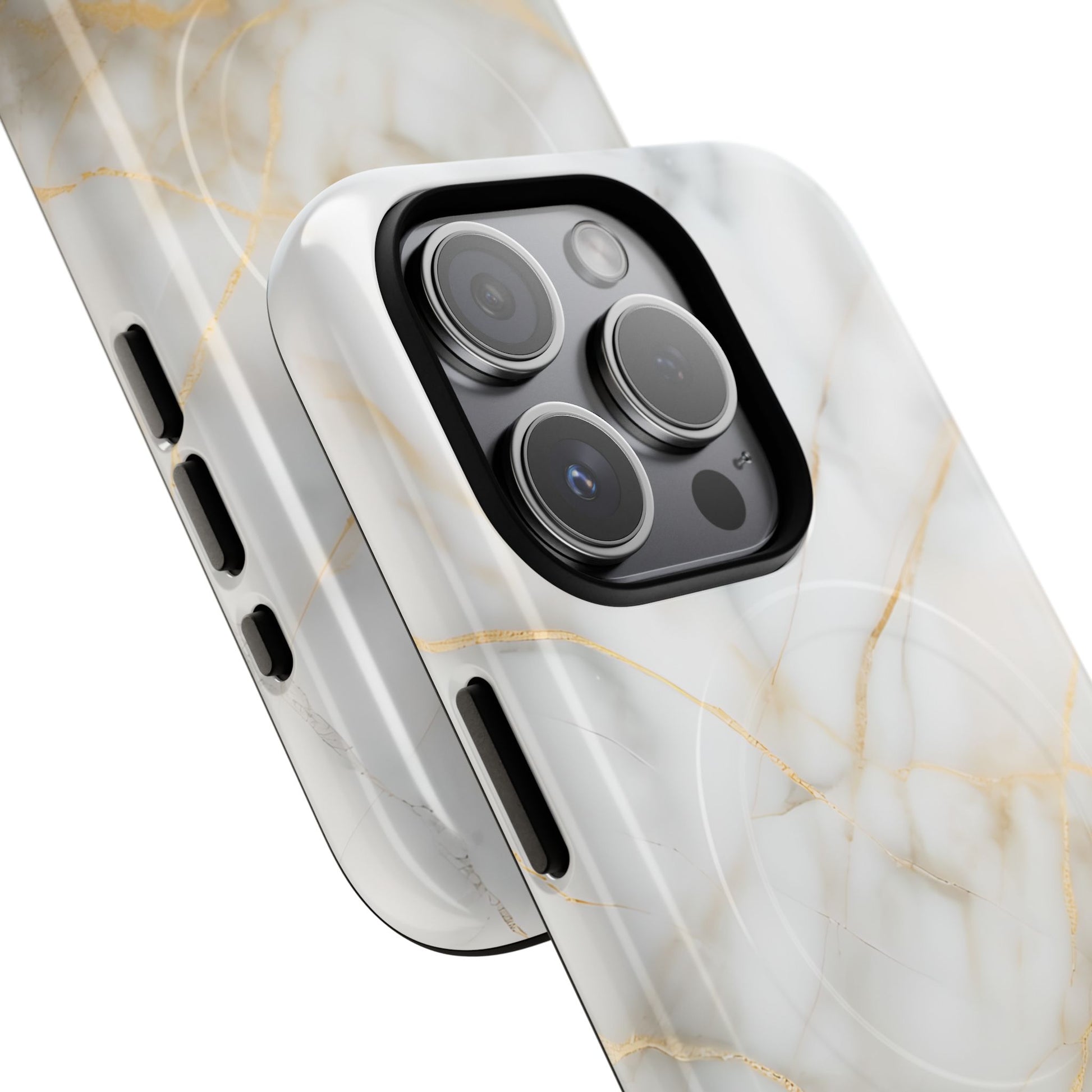 Golden Vein iPhone 15 Pro MagSafe Phone Case -White Neutral Marble Design